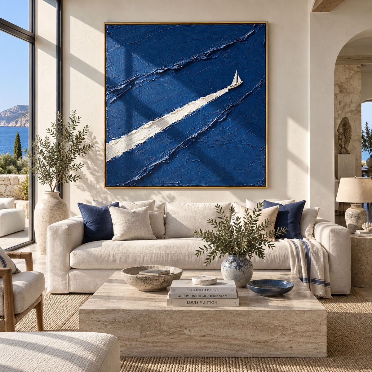 White Wake Through Blue shown above coordinated modern furnishings