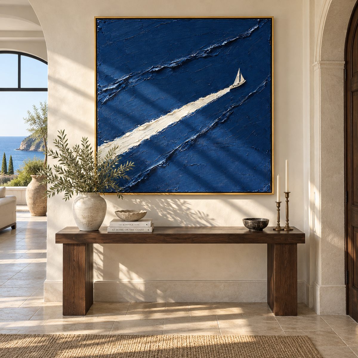 White Wake Through Blue styled as a square focal point in a refined interior