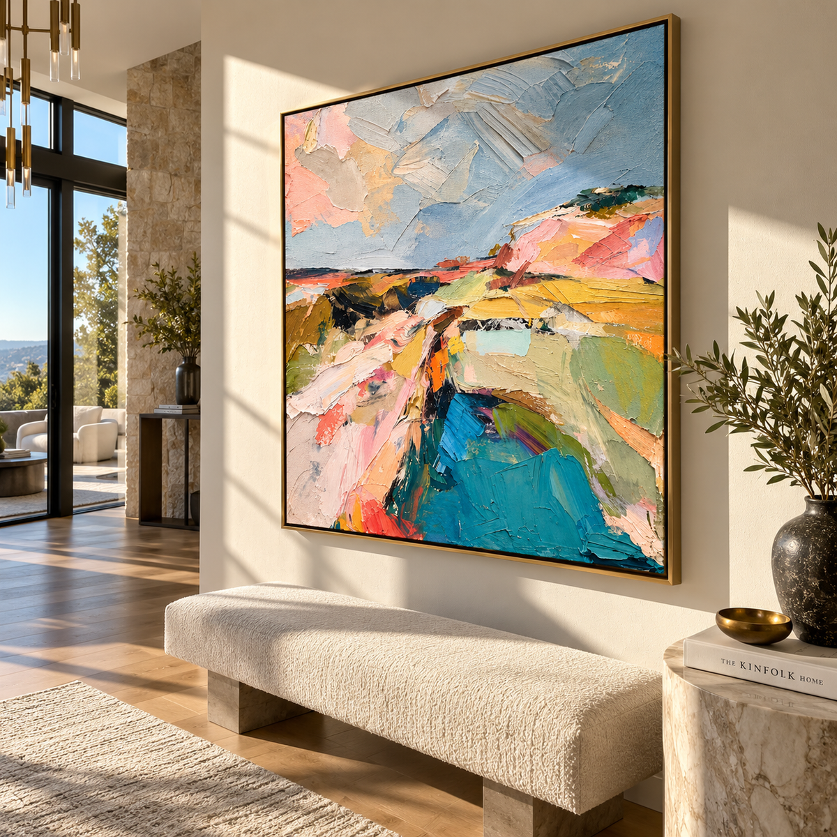 Color Roads to Water colorful abstract landscape painting displayed in a modern interior