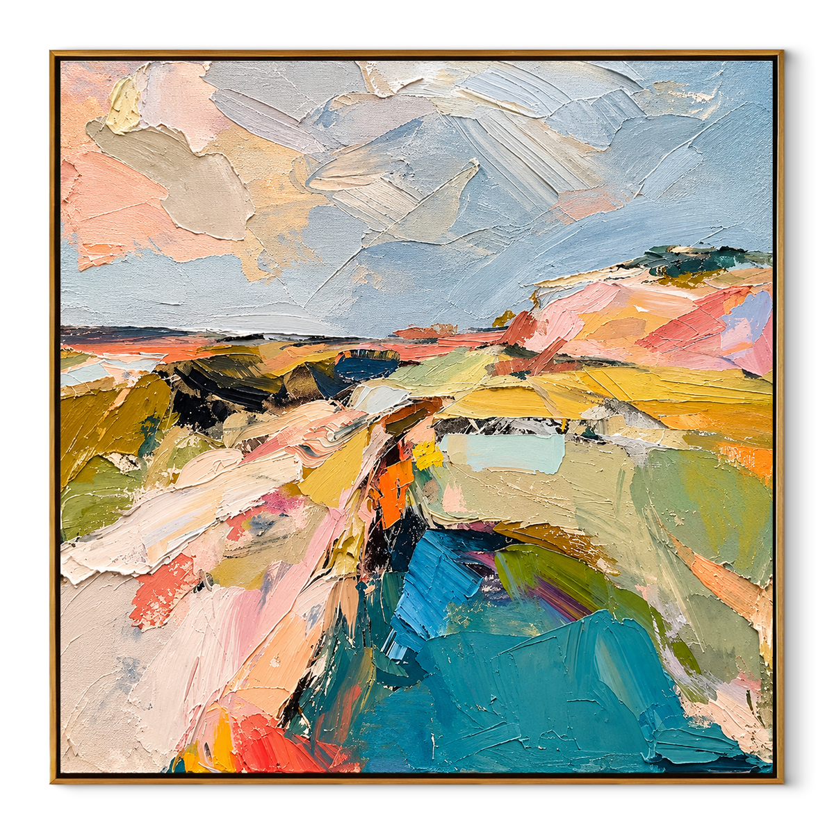 Color Roads to Water square canvas artwork in a wood frame on white