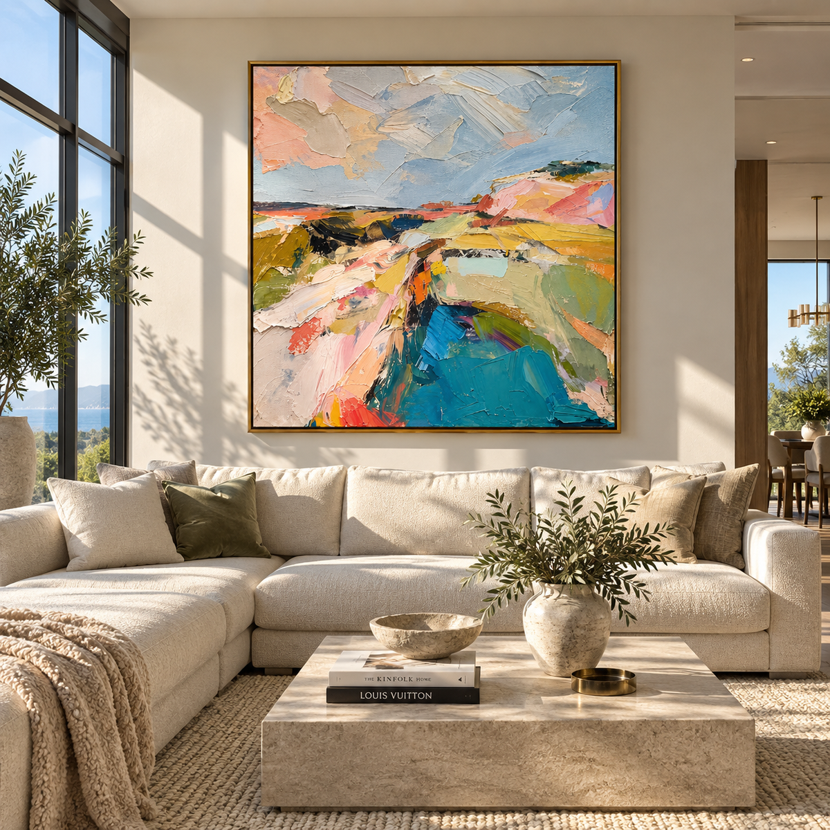 Color Roads to Water textured wall art shown above contemporary furnishings