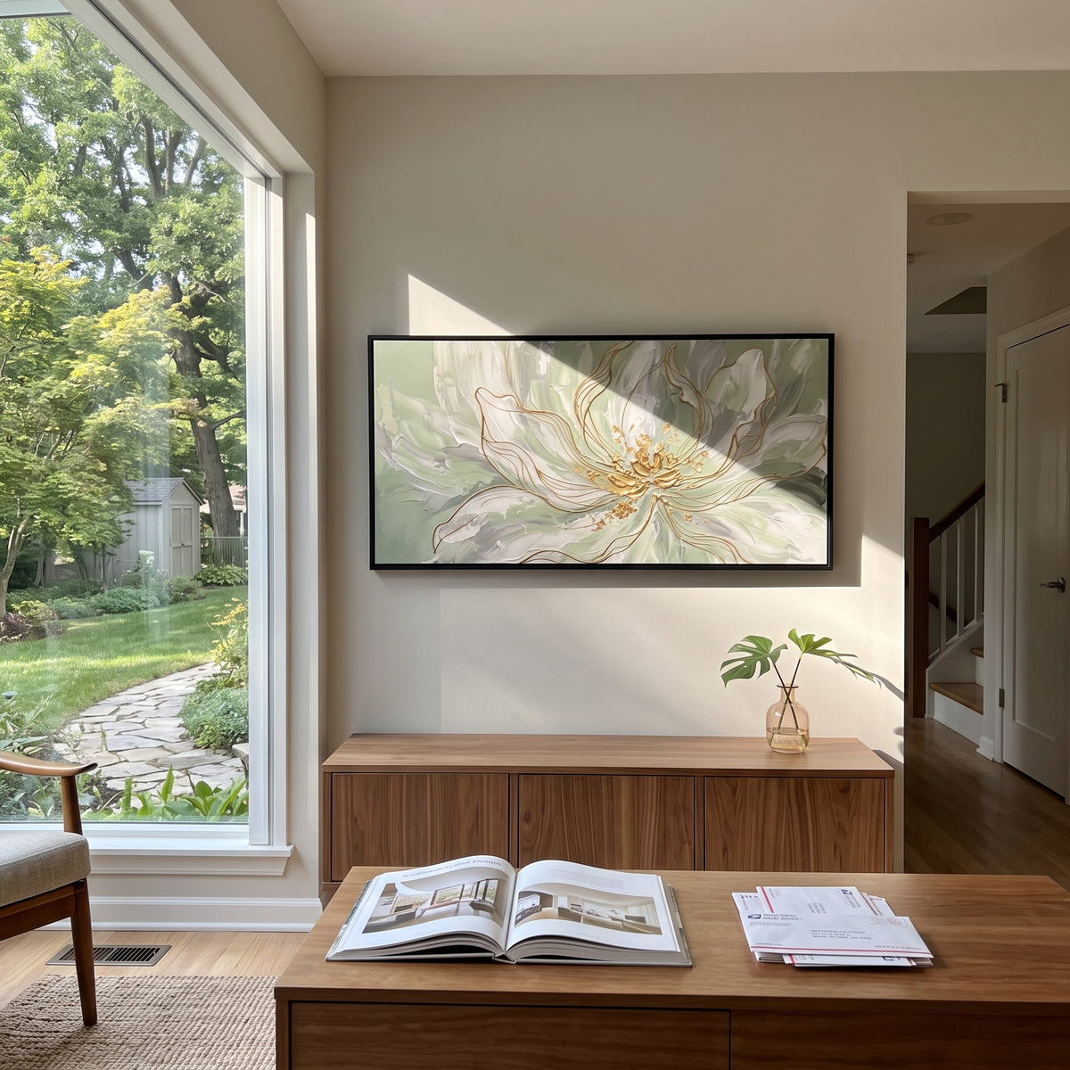 Ivory Lotus Spreads white sage lotus painting displayed in a styled interior