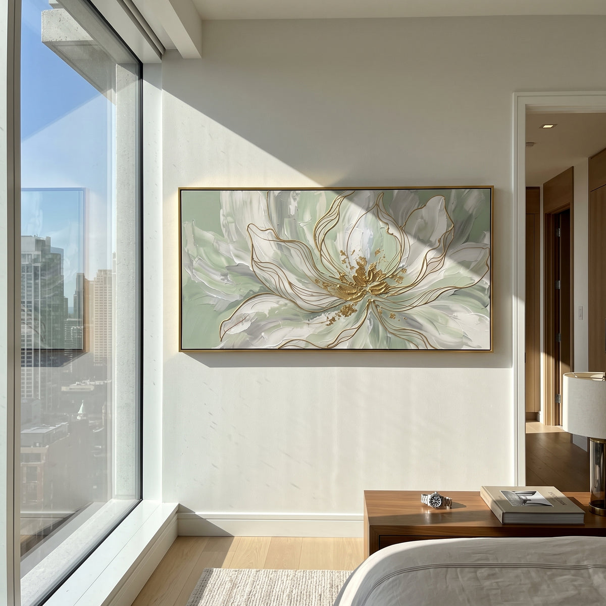 Ivory Lotus Spreads wall art shown above contemporary furnishings
