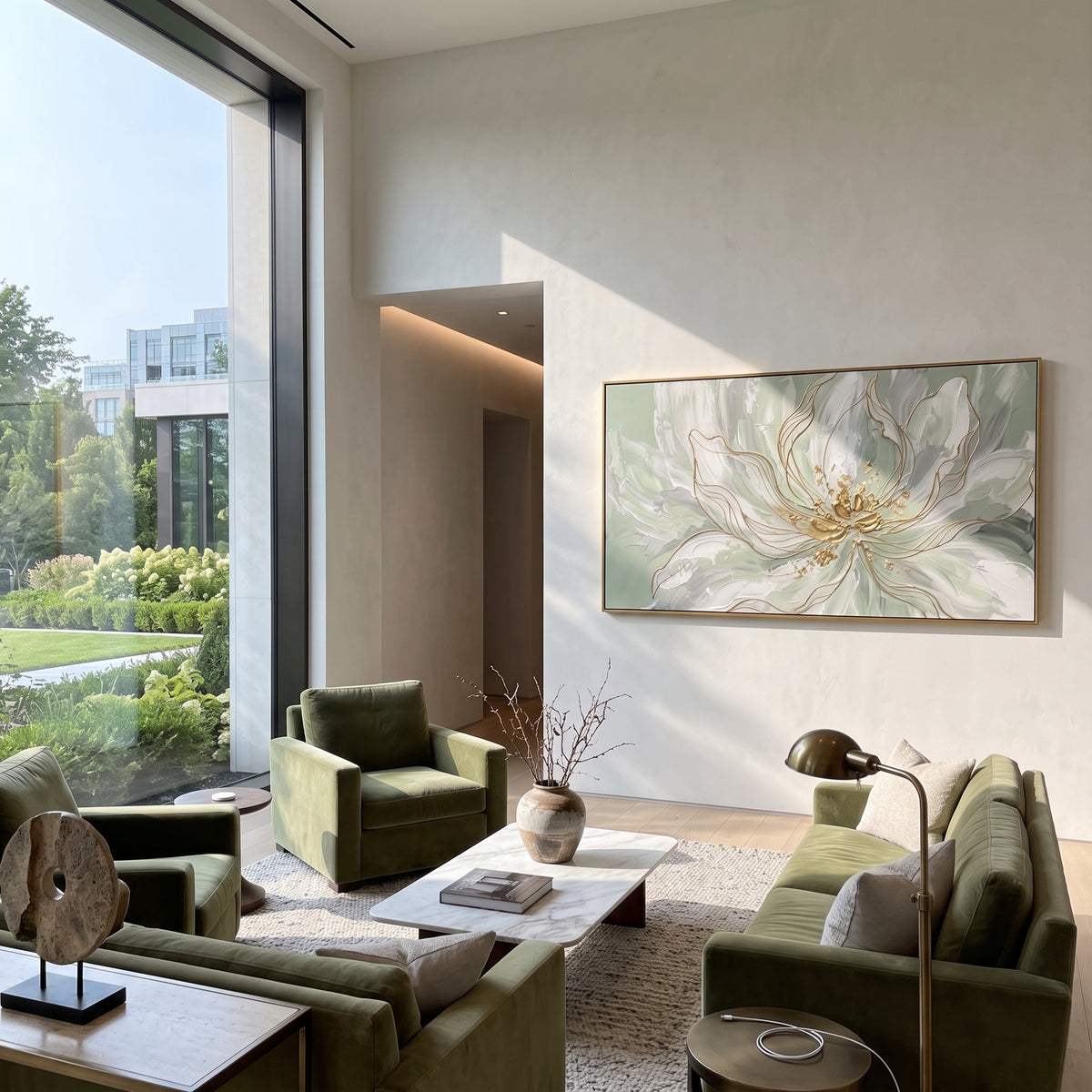 Ivory Lotus Spreads painting presented in an alternate room setting