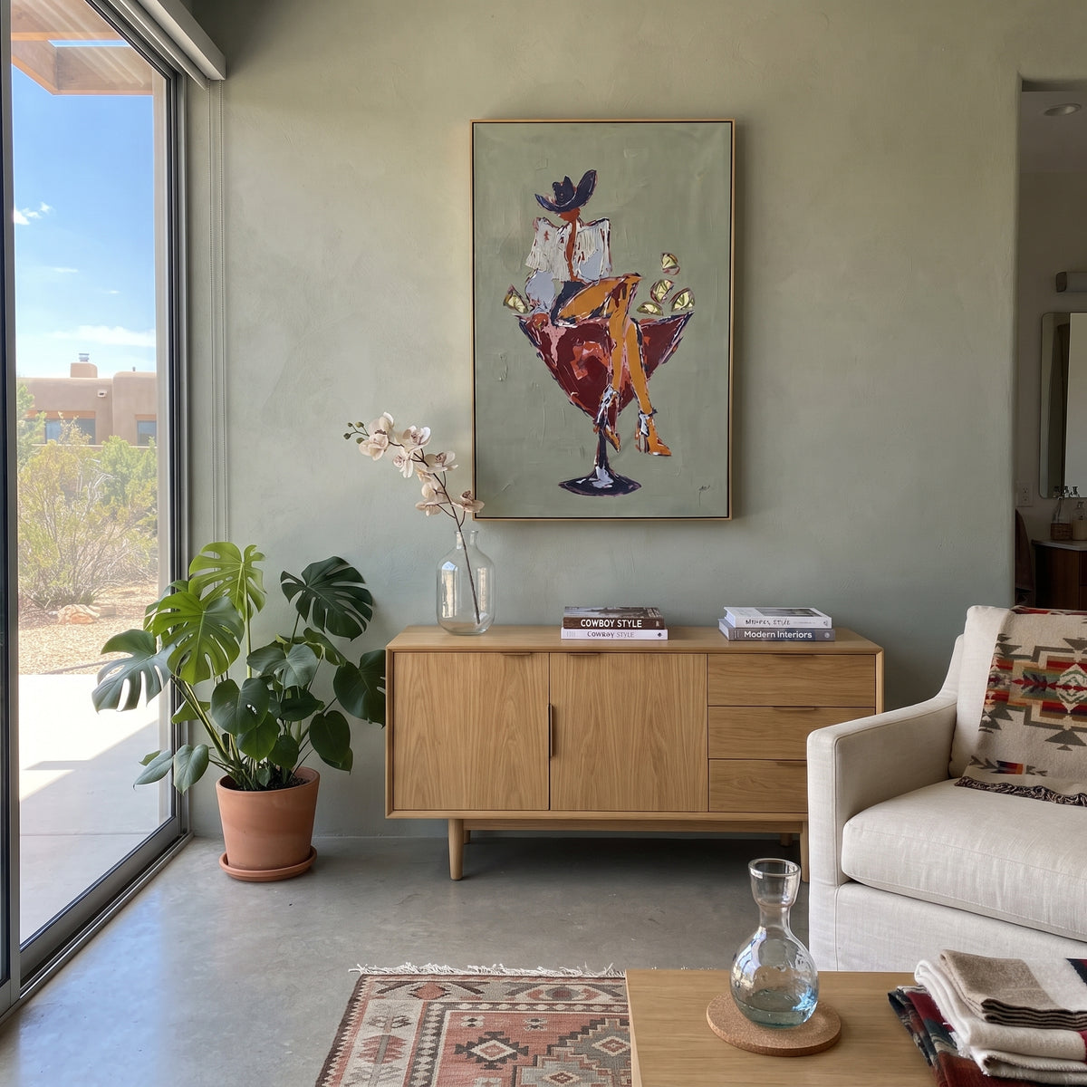 Sage Dress Finds Rhythm expressive dancing woman painting displayed in a styled interior