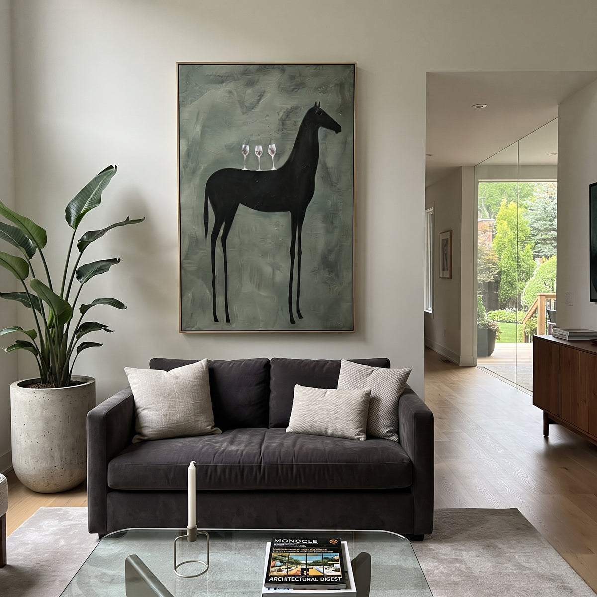 Black Horse Carries Toast surreal black horse painting displayed in a styled interior