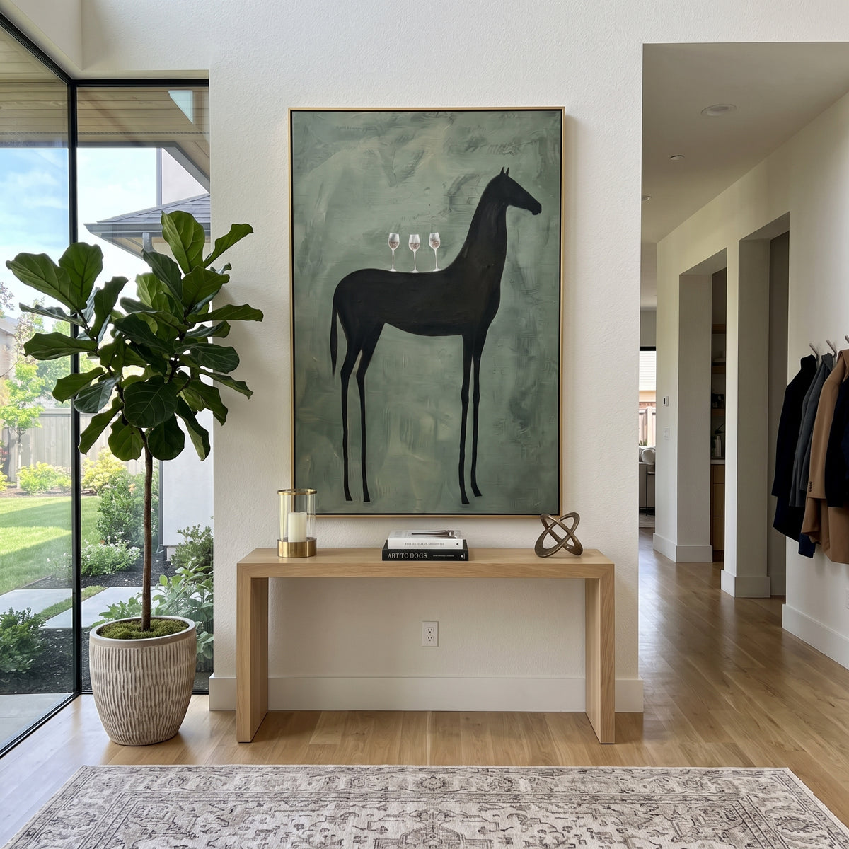 Black Horse Carries Toast painting presented in an alternate room setting