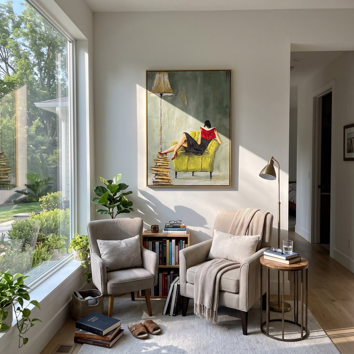 Quiet Hour Under Lamplight woman reading in green chair painting displayed in a styled interior