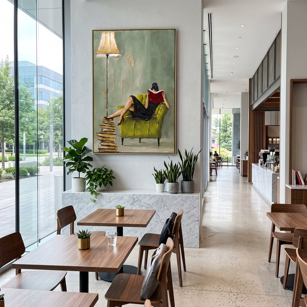 Quiet Hour Under Lamplight wall art shown above contemporary furnishings