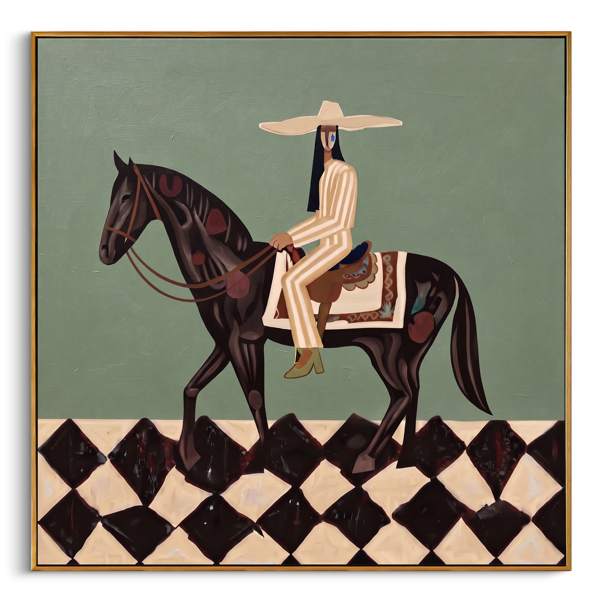 Cowgirl Crosses Black Diamonds square painting in a wood frame on a white background