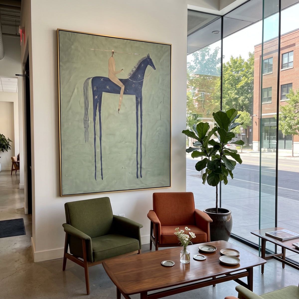 Blue Horse Carries Silence minimalist rider on blue horse painting displayed in a styled interior