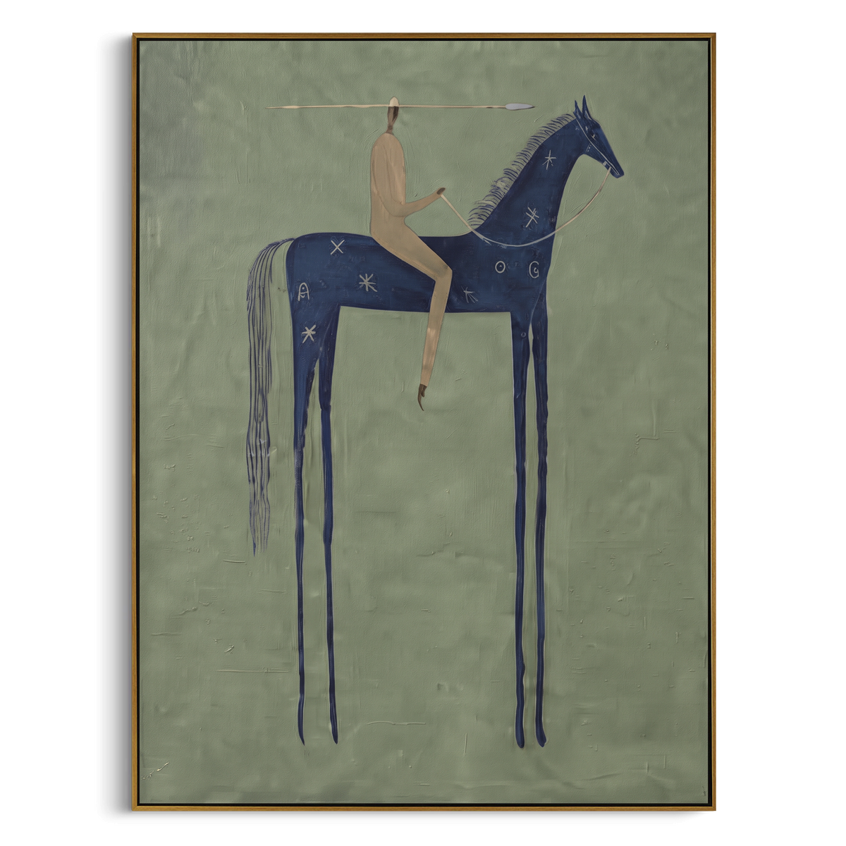 Blue Horse Carries Silence vertical painting in a wood frame on a white background