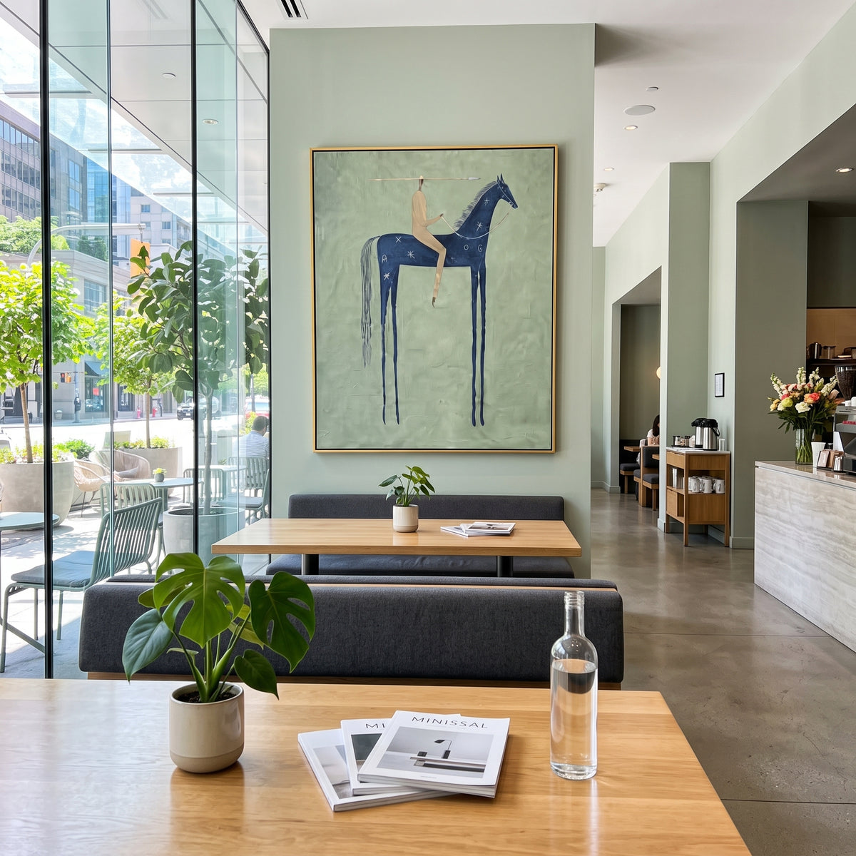 Blue Horse Carries Silence wall art shown above contemporary furnishings