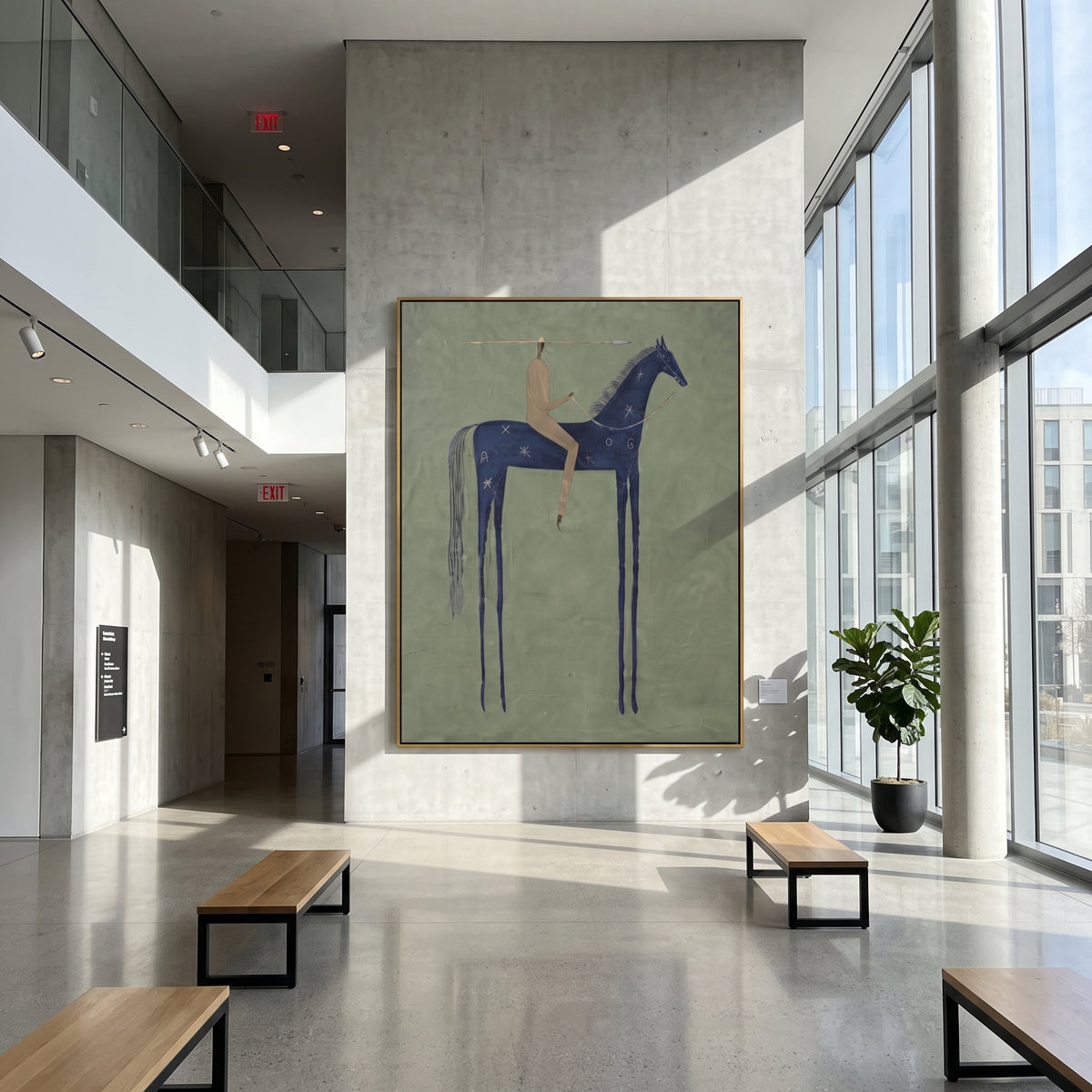 Blue Horse Carries Silence painting presented in an alternate room setting