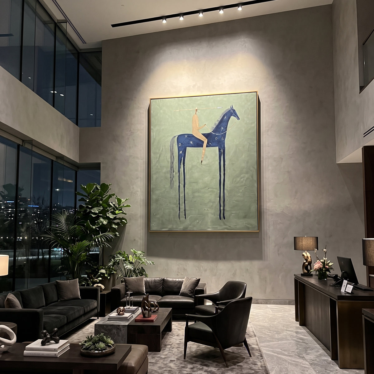 Blue Horse Carries Silence artwork styled as a refined interior focal point