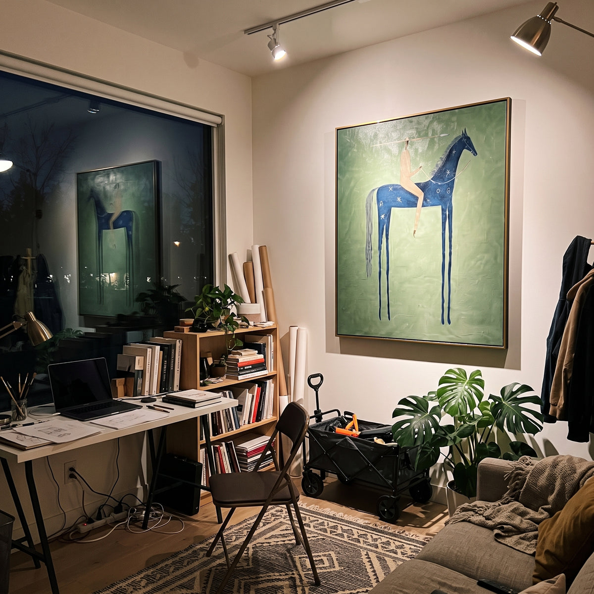 Blue Horse Carries Silence displayed with natural materials and quiet decor