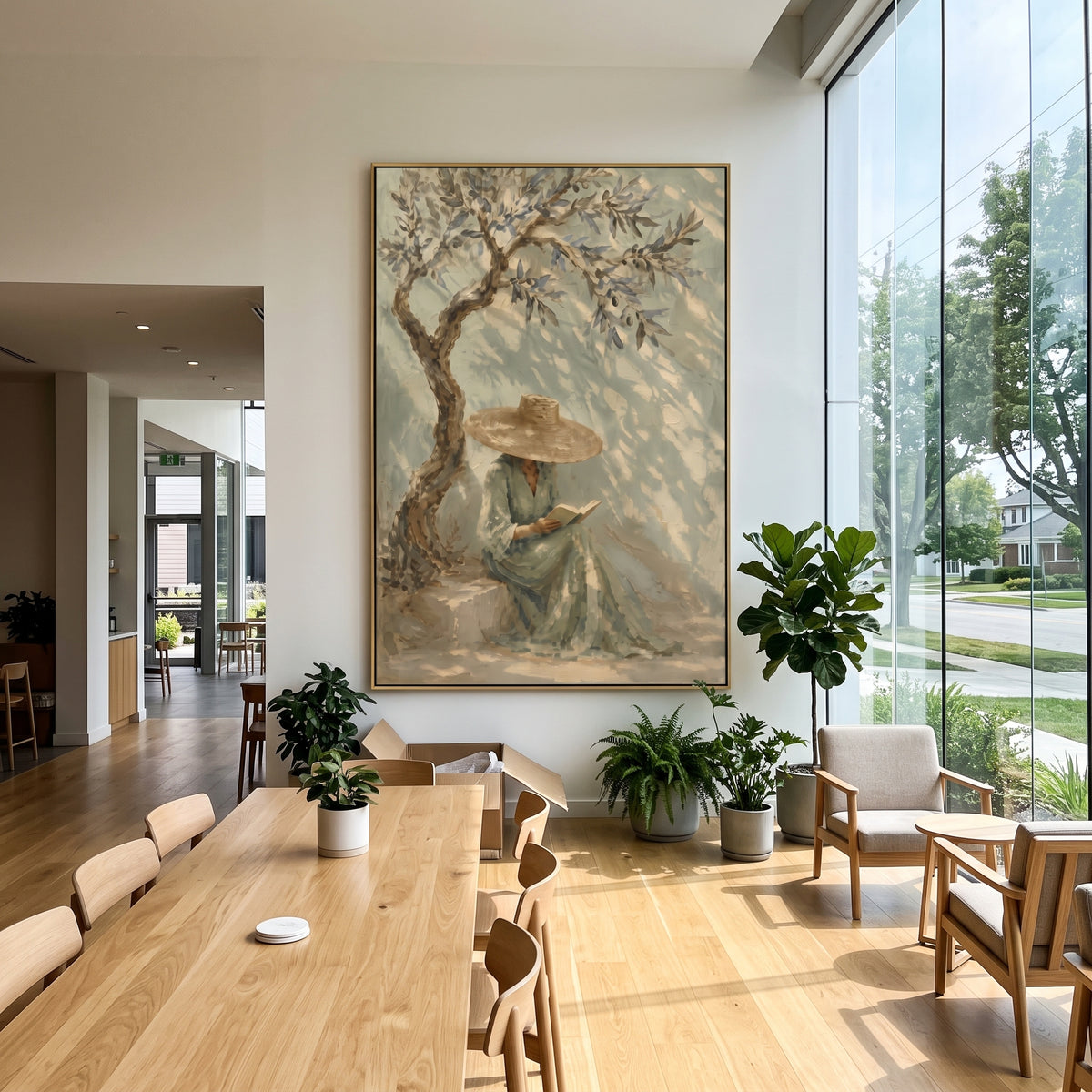 Sage Shade Holds Thought woman reading beneath tree painting displayed in a styled interior