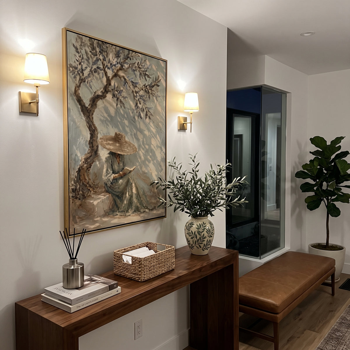 Sage Shade Holds Thought wall art shown above contemporary furnishings