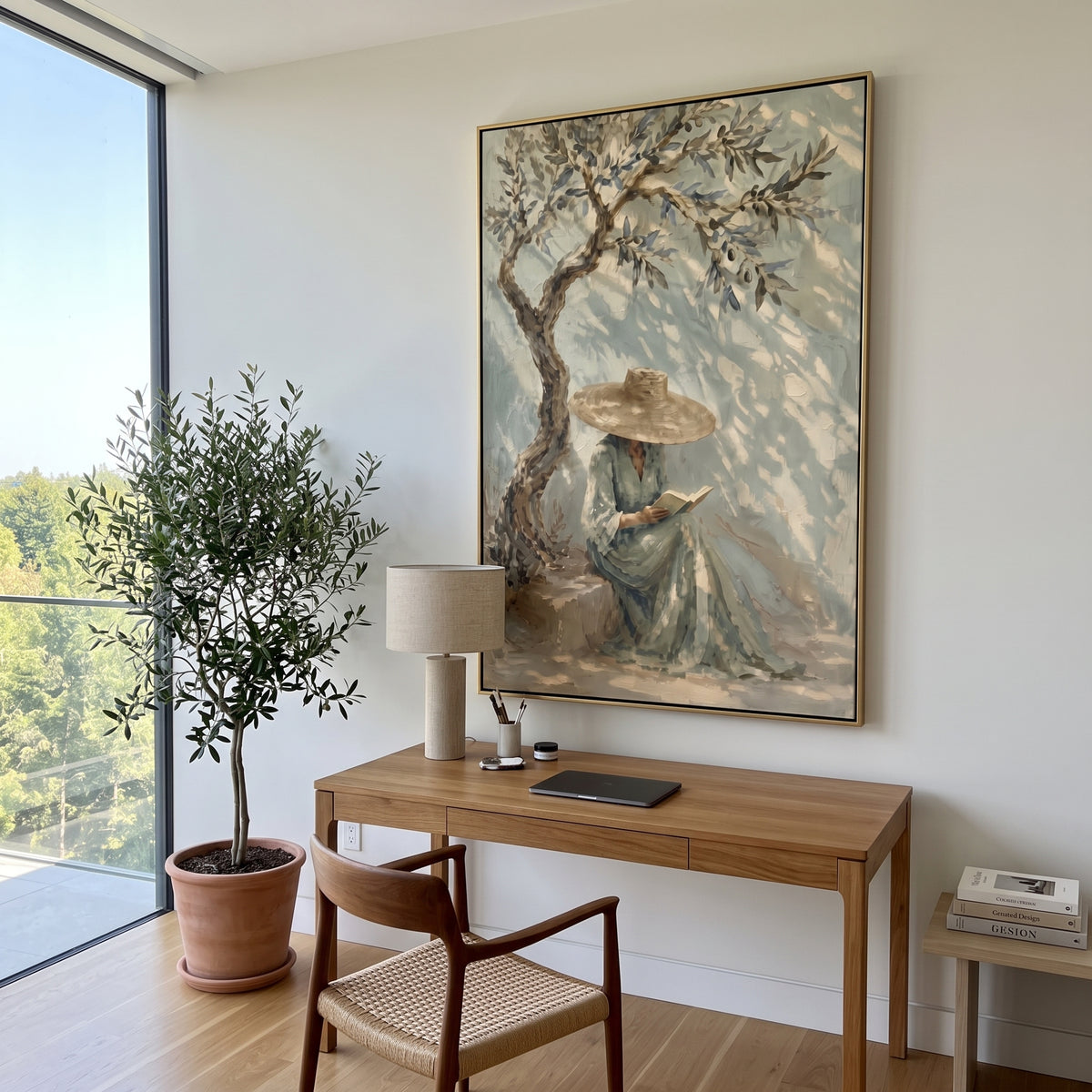 Sage Shade Holds Thought painting presented in an alternate room setting