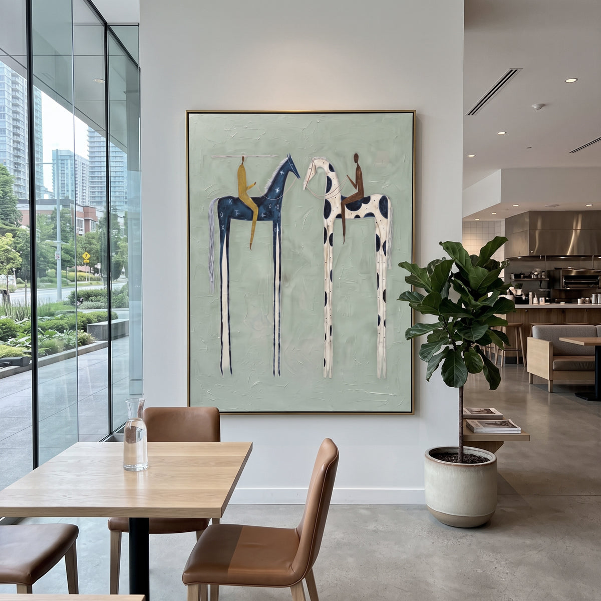 Tall Horses Share Sky two riders on tall horses painting displayed in a styled interior