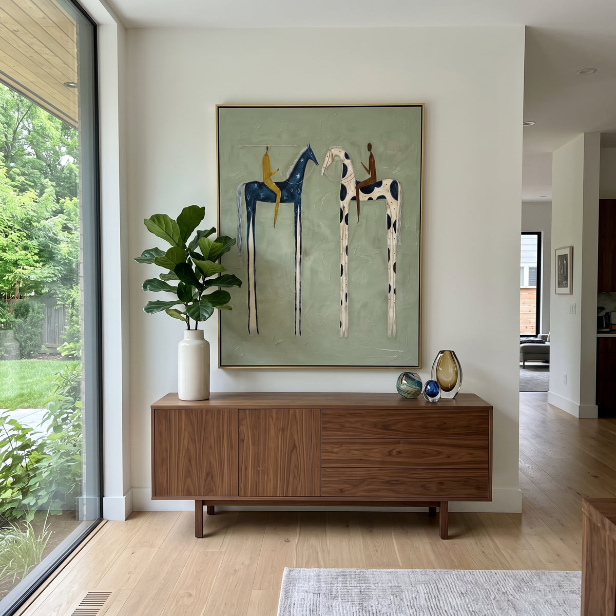 Tall Horses Share Sky wall art shown above contemporary furnishings