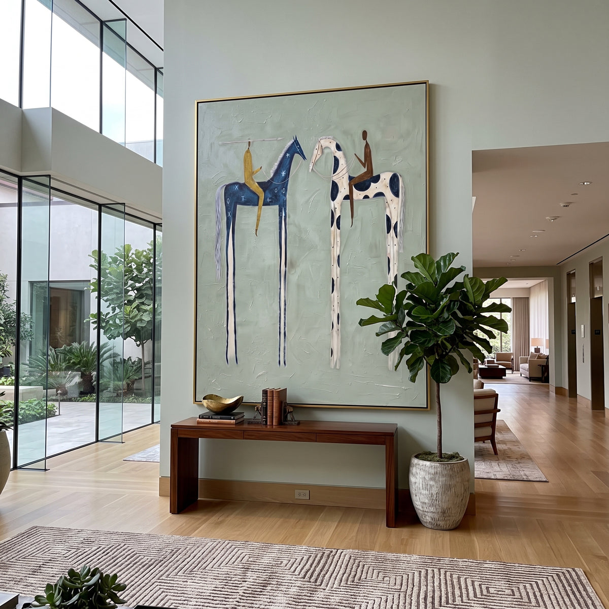 Tall Horses Share Sky painting presented in an alternate room setting