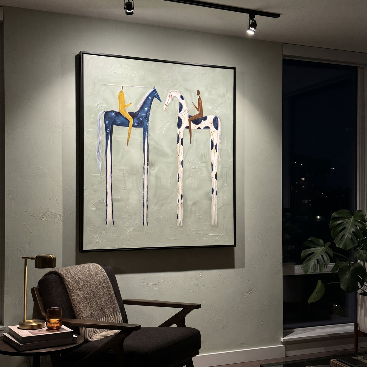 Tall Horses Share Sky artwork styled as a refined interior focal point