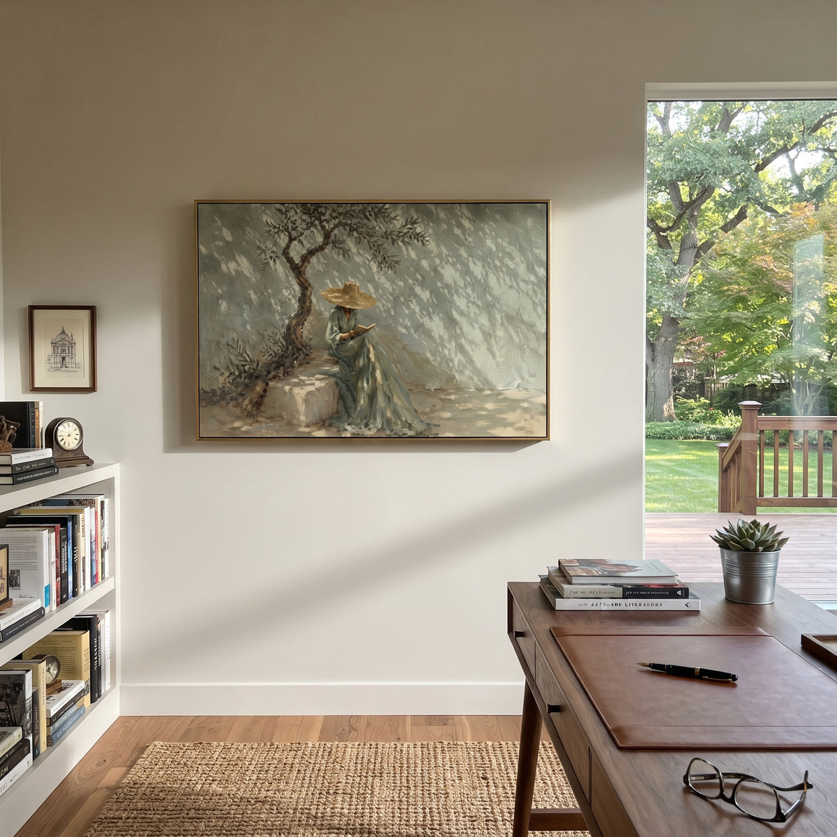 Reading Beneath Sage Branches woman reading under tree painting displayed in a styled interior