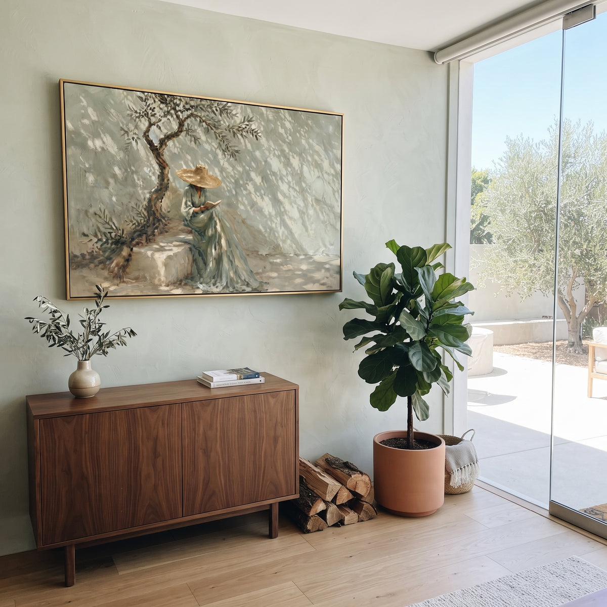 Reading Beneath Sage Branches wall art shown above contemporary furnishings