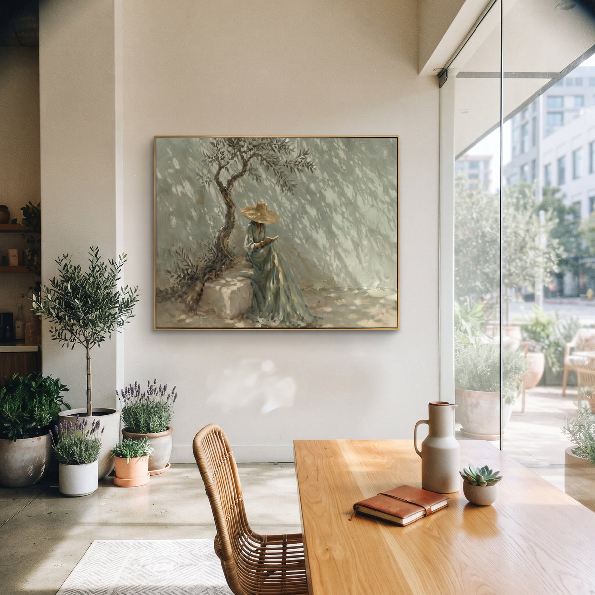 Reading Beneath Sage Branches painting presented in an alternate room setting