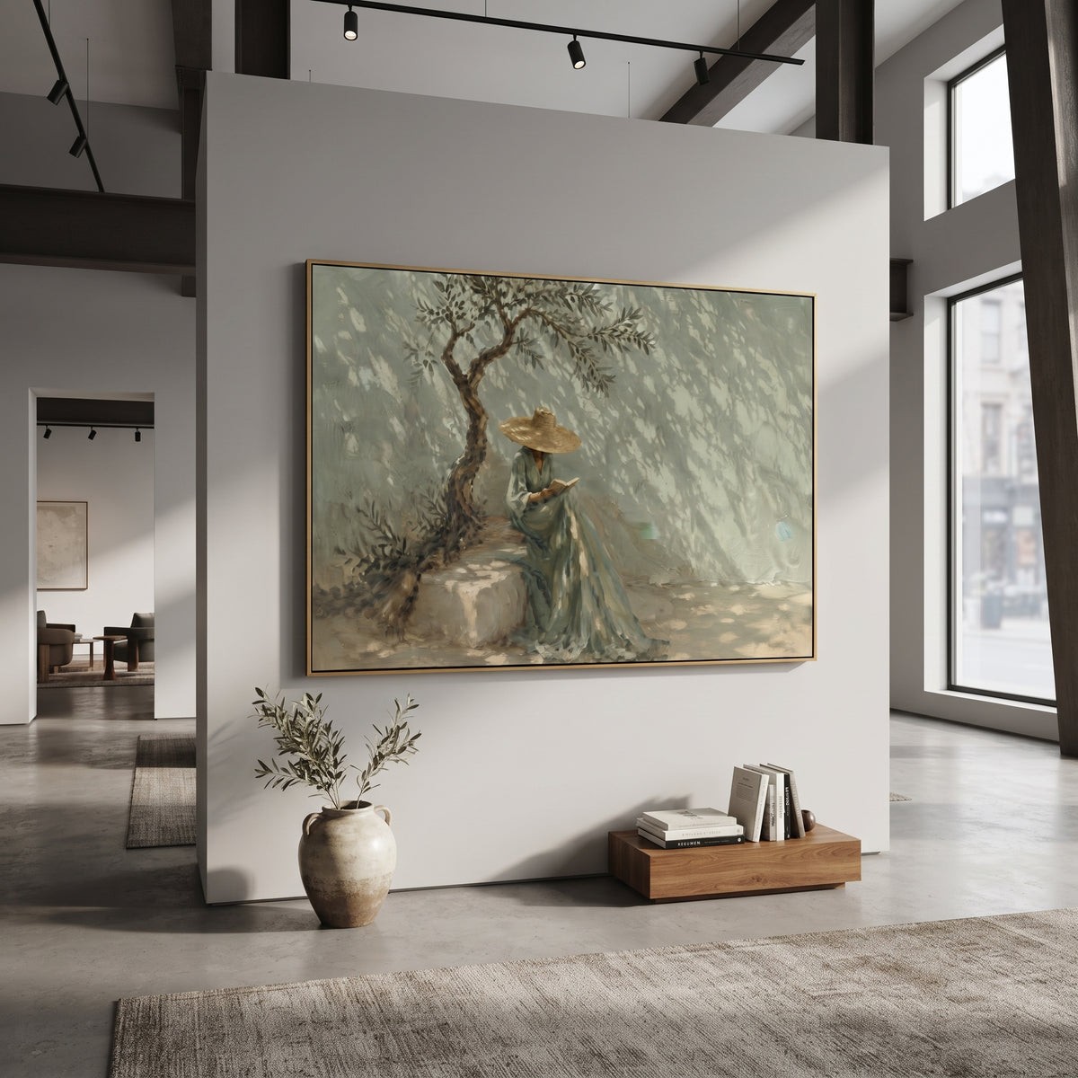 Reading Beneath Sage Branches artwork styled as a refined interior focal point