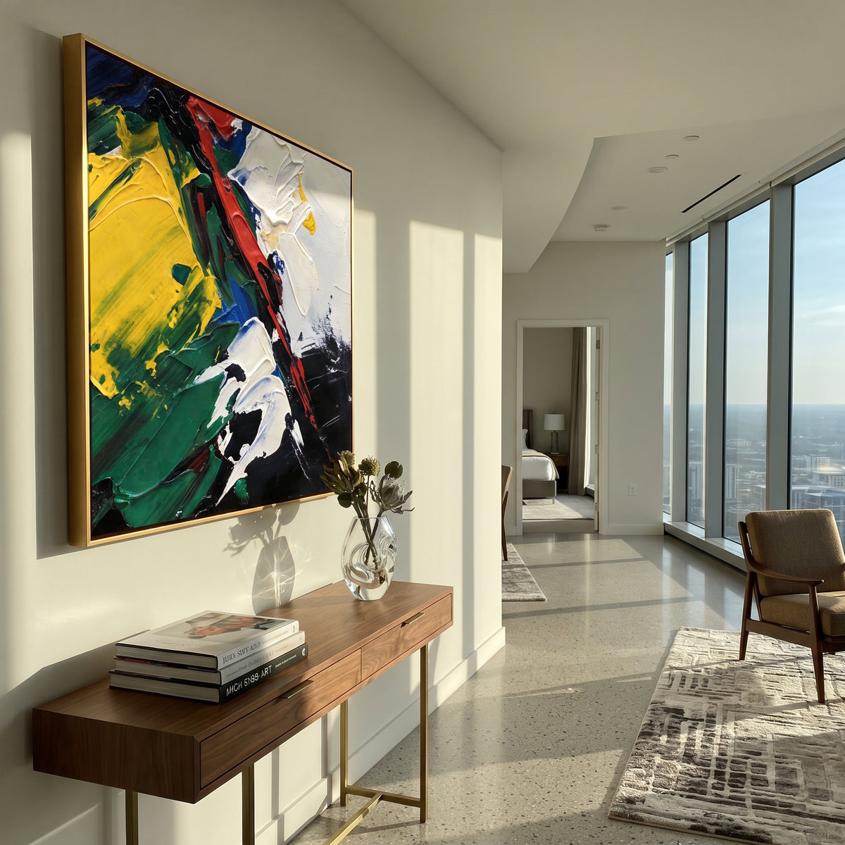 Color Cuts Through Silence colorful gestural square painting displayed in a styled interior