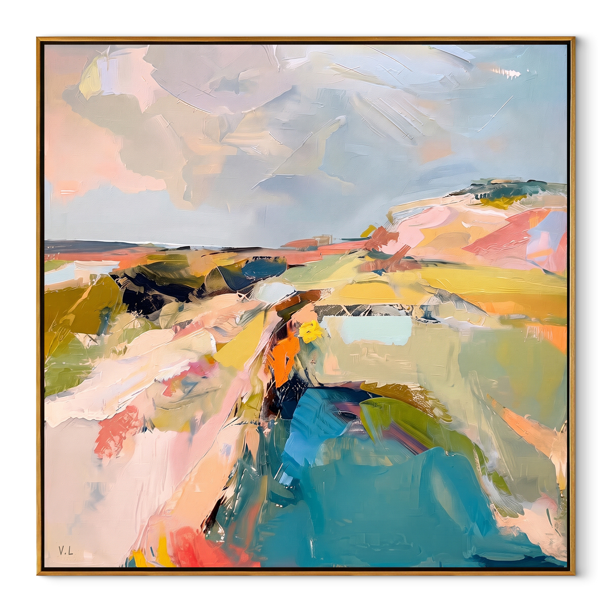 Pastel Valley in Motion square canvas artwork in a wood frame on a white background