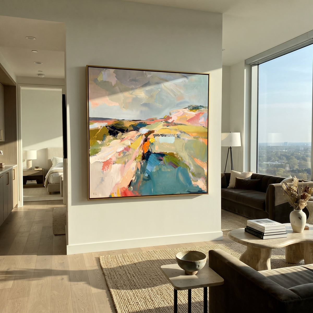 Pastel Valley in Motion square painting displayed as a room focal point