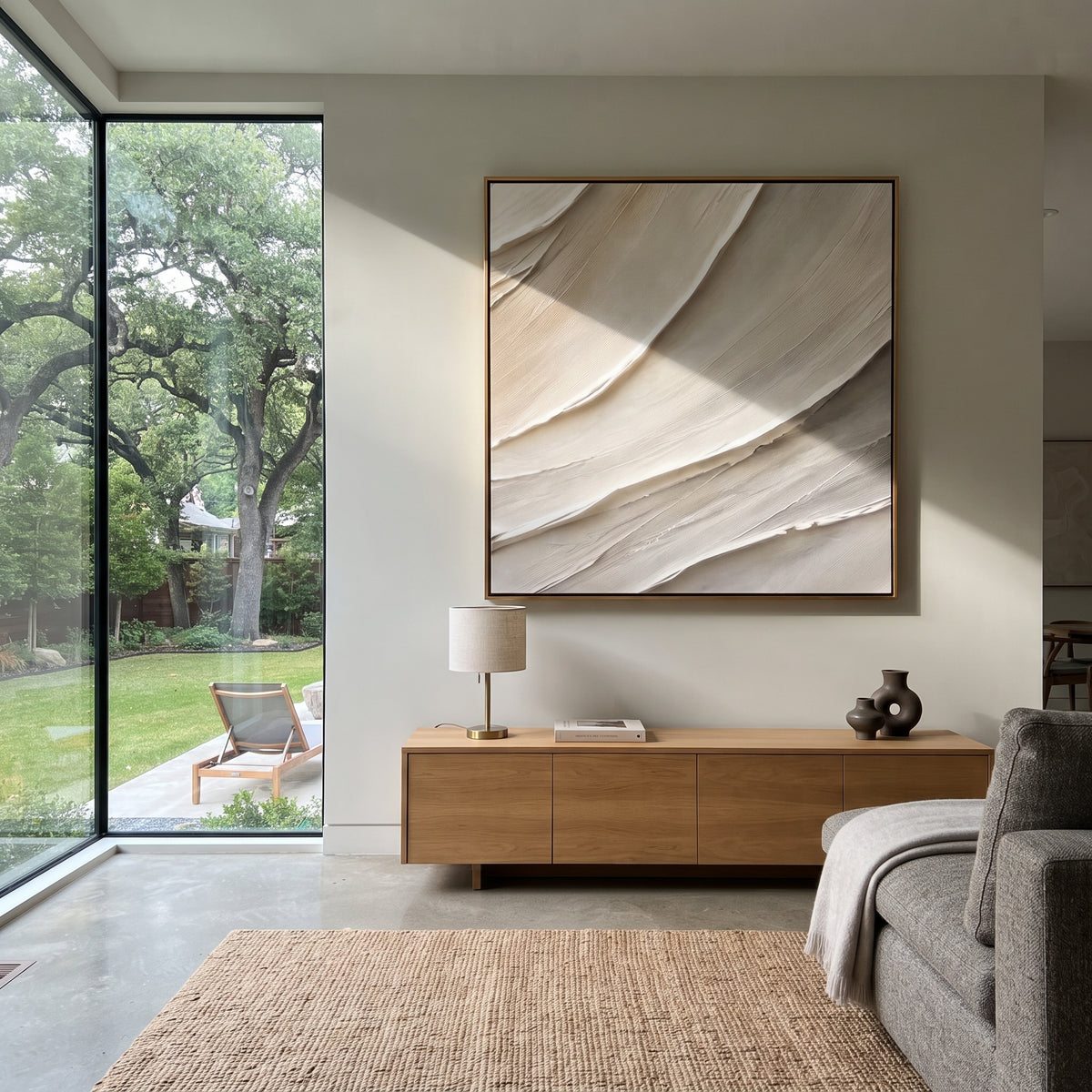 Ivory Folds Ascending ivory minimalist relief painting displayed in a styled interior