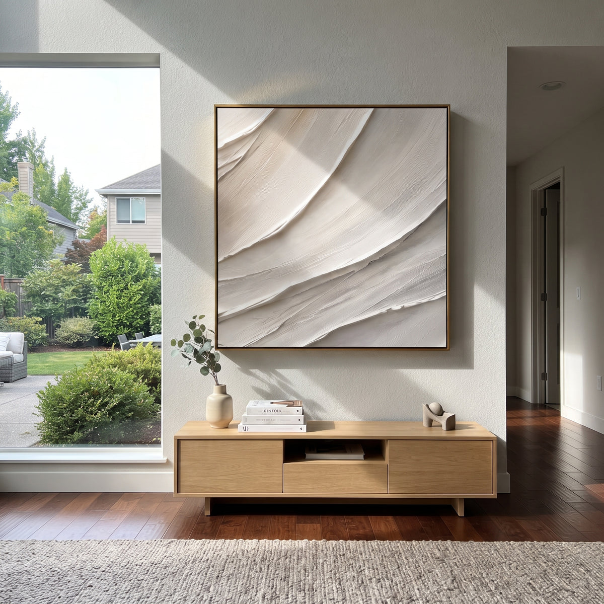 Ivory Folds Ascending square painting displayed as a room focal point