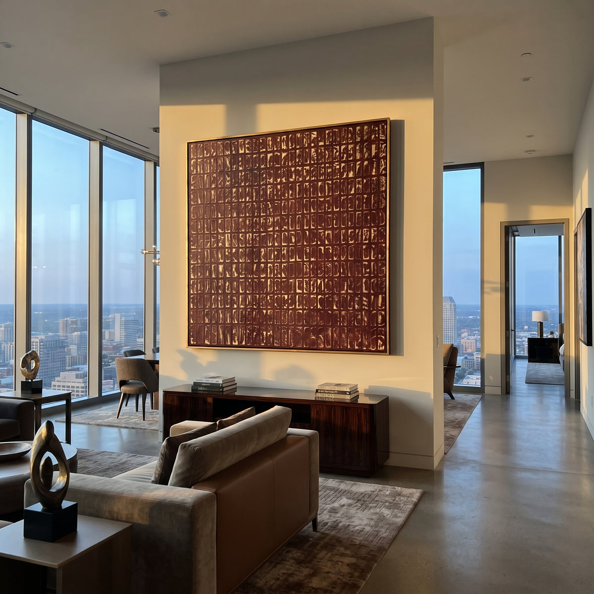 Merlot Grid at Dusk burgundy grid texture painting displayed in a styled interior