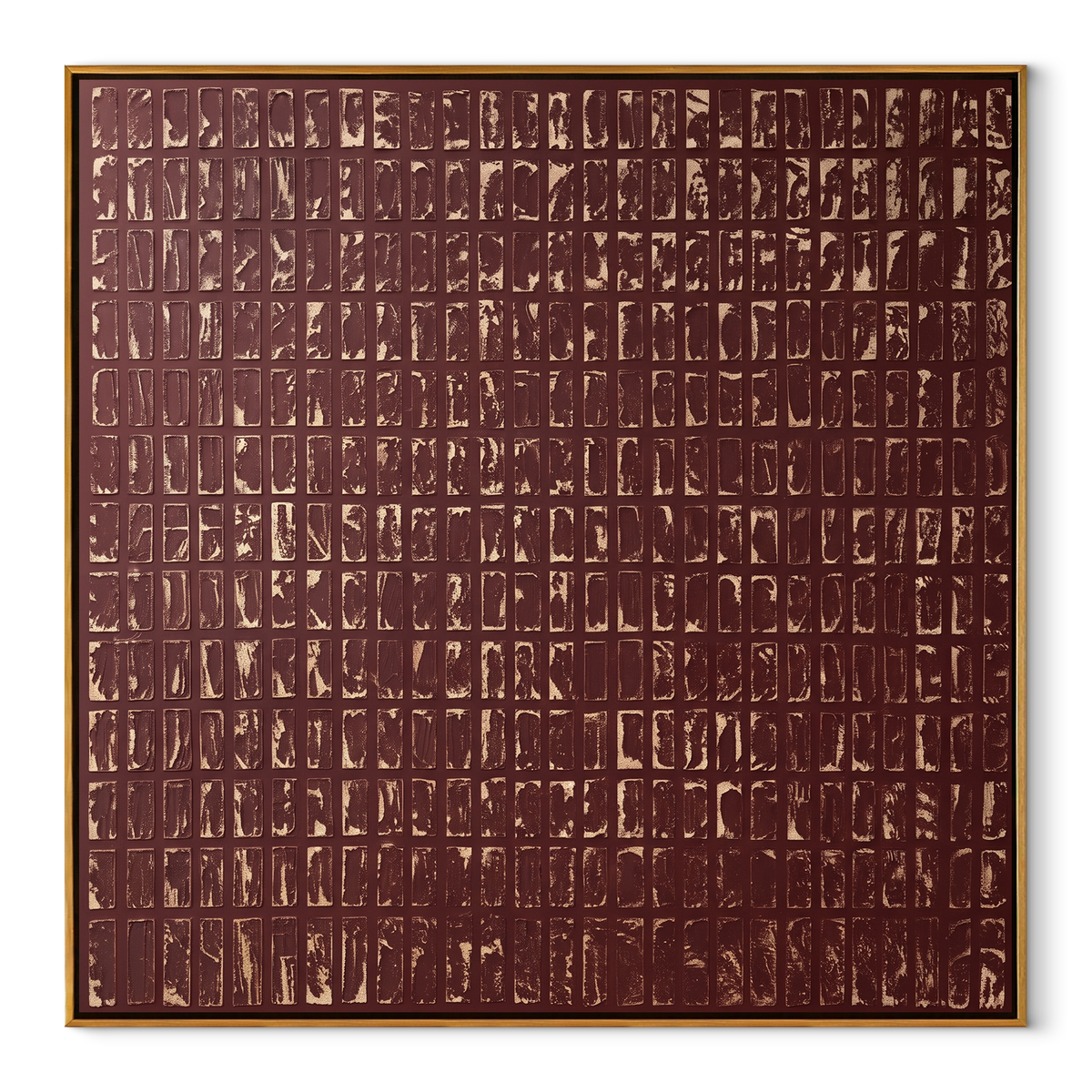 Merlot Grid at Dusk square canvas artwork in a wood frame on a white background
