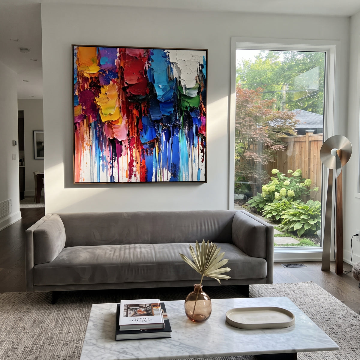 Painted Blocks Falling colorful drip abstract painting displayed in a styled interior