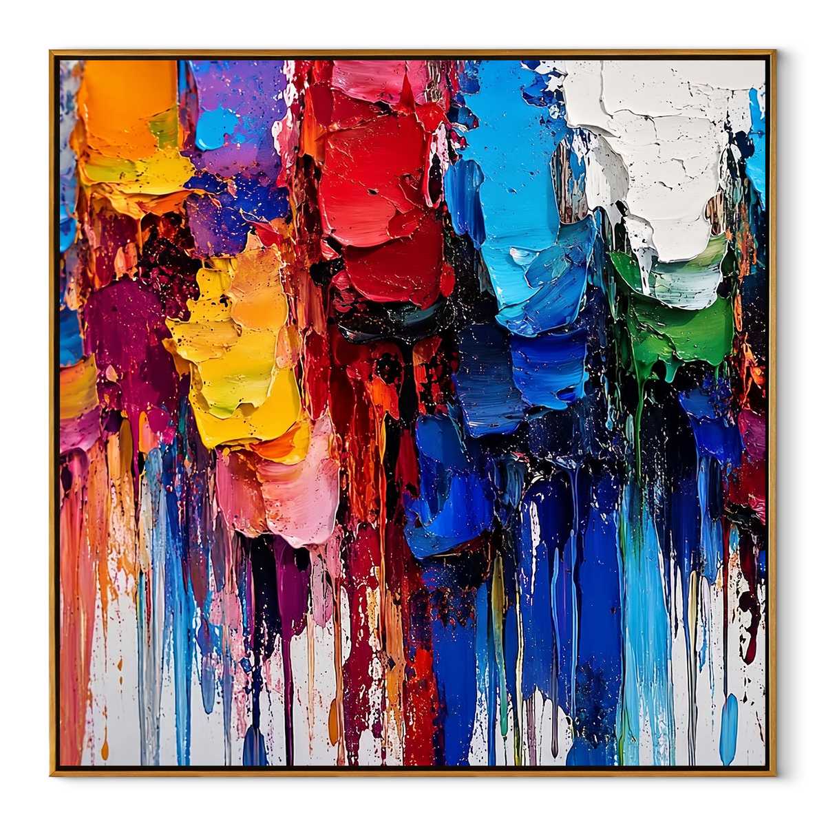 Painted Blocks Falling square canvas artwork in a wood frame on a white background