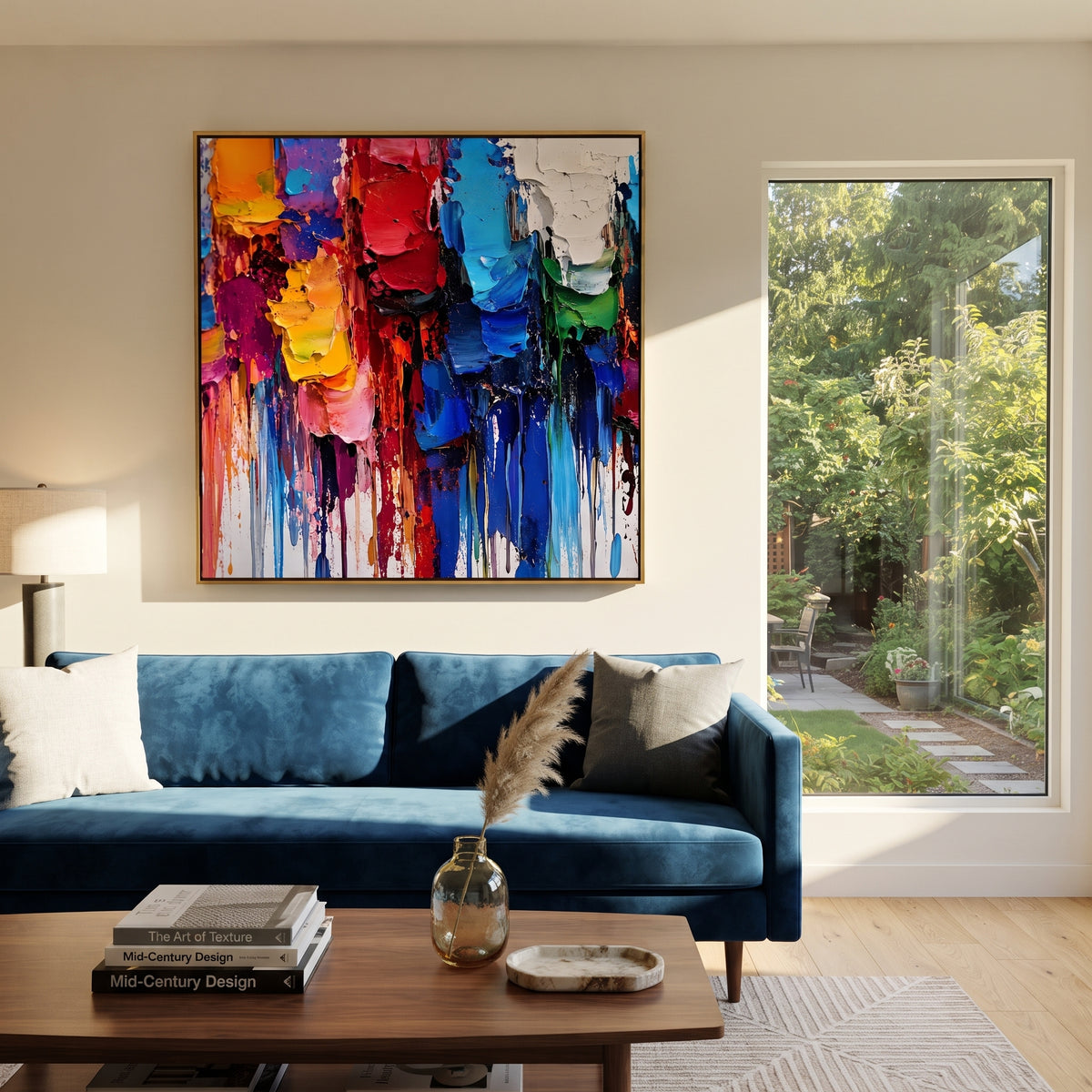 Painted Blocks Falling textured wall art shown in a contemporary room setting