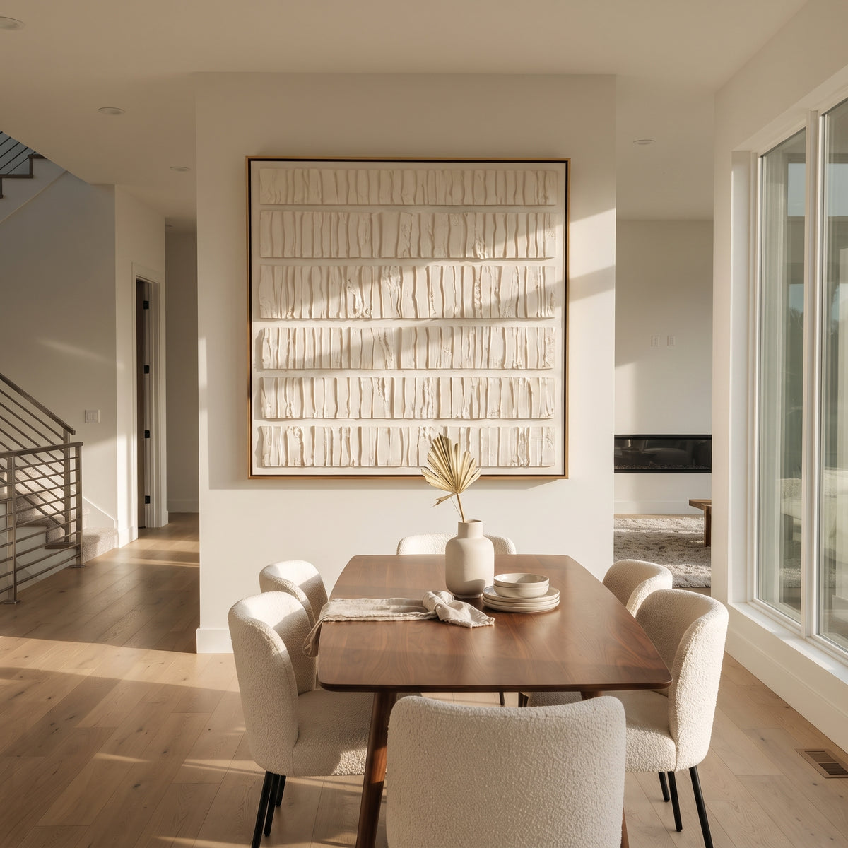Ivory Ledger Relief white geometric relief painting displayed in a styled interior
