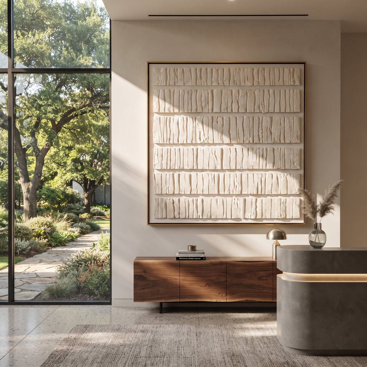 Ivory Ledger Relief square painting displayed as a room focal point