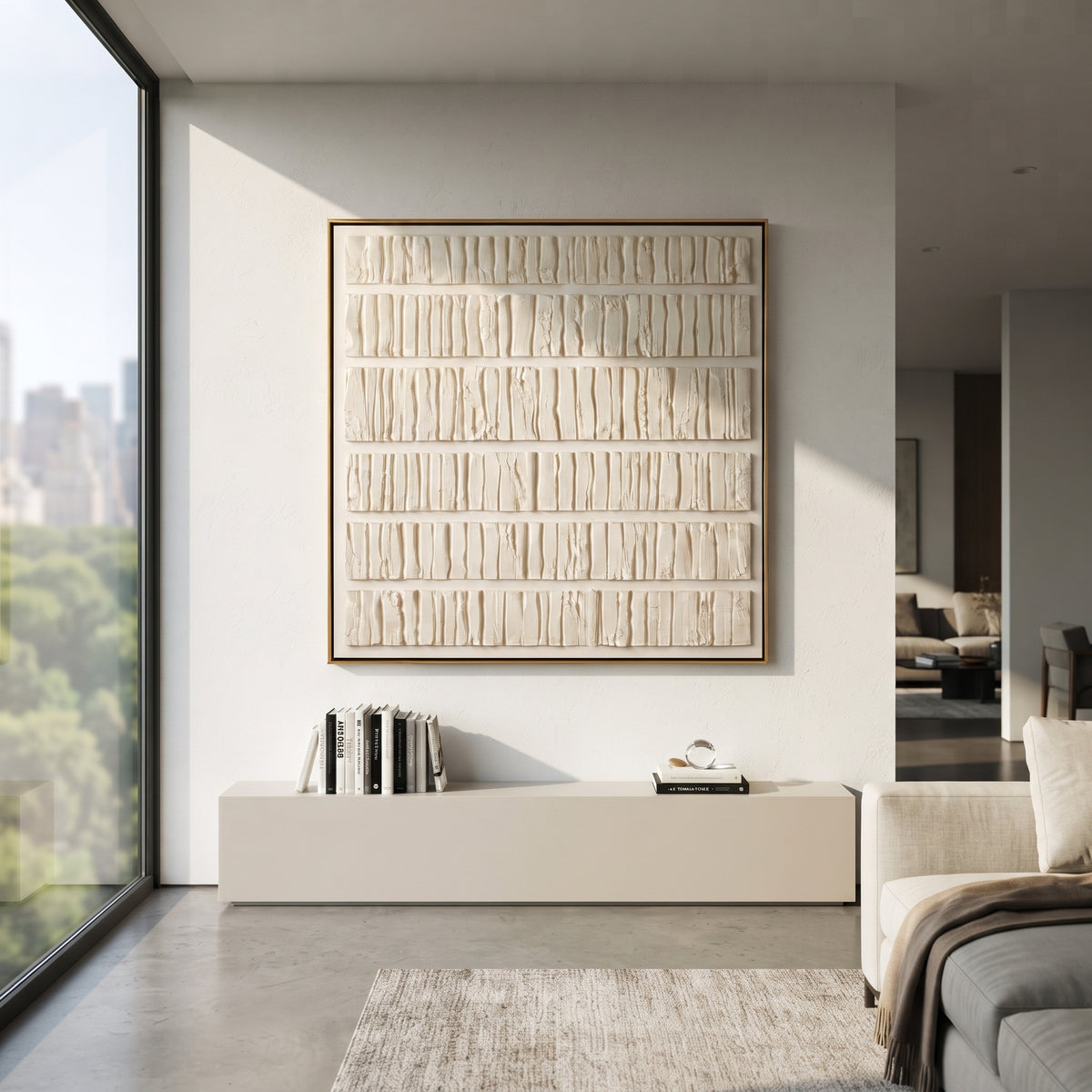 Ivory Ledger Relief artwork shown with modern interior materials