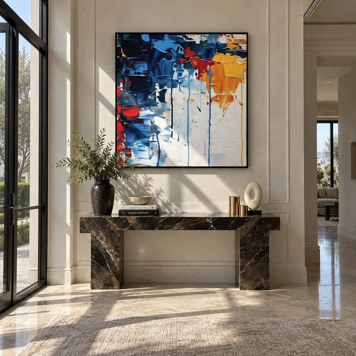 Primary Weather Breaks primary color square abstract painting displayed in a styled interior
