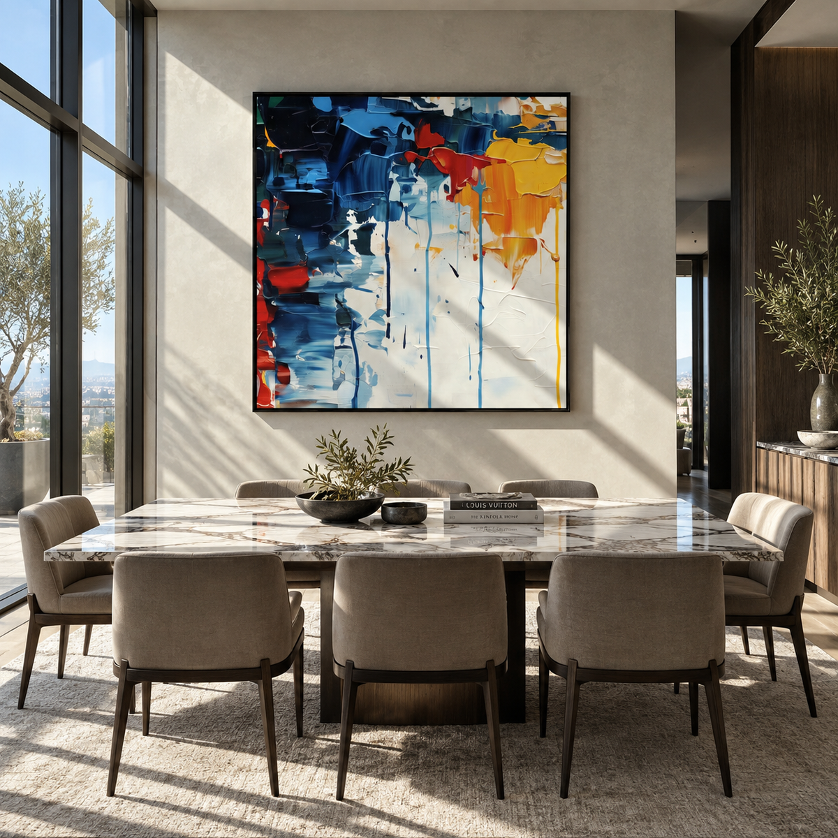 Primary Weather Breaks square painting displayed as a room focal point