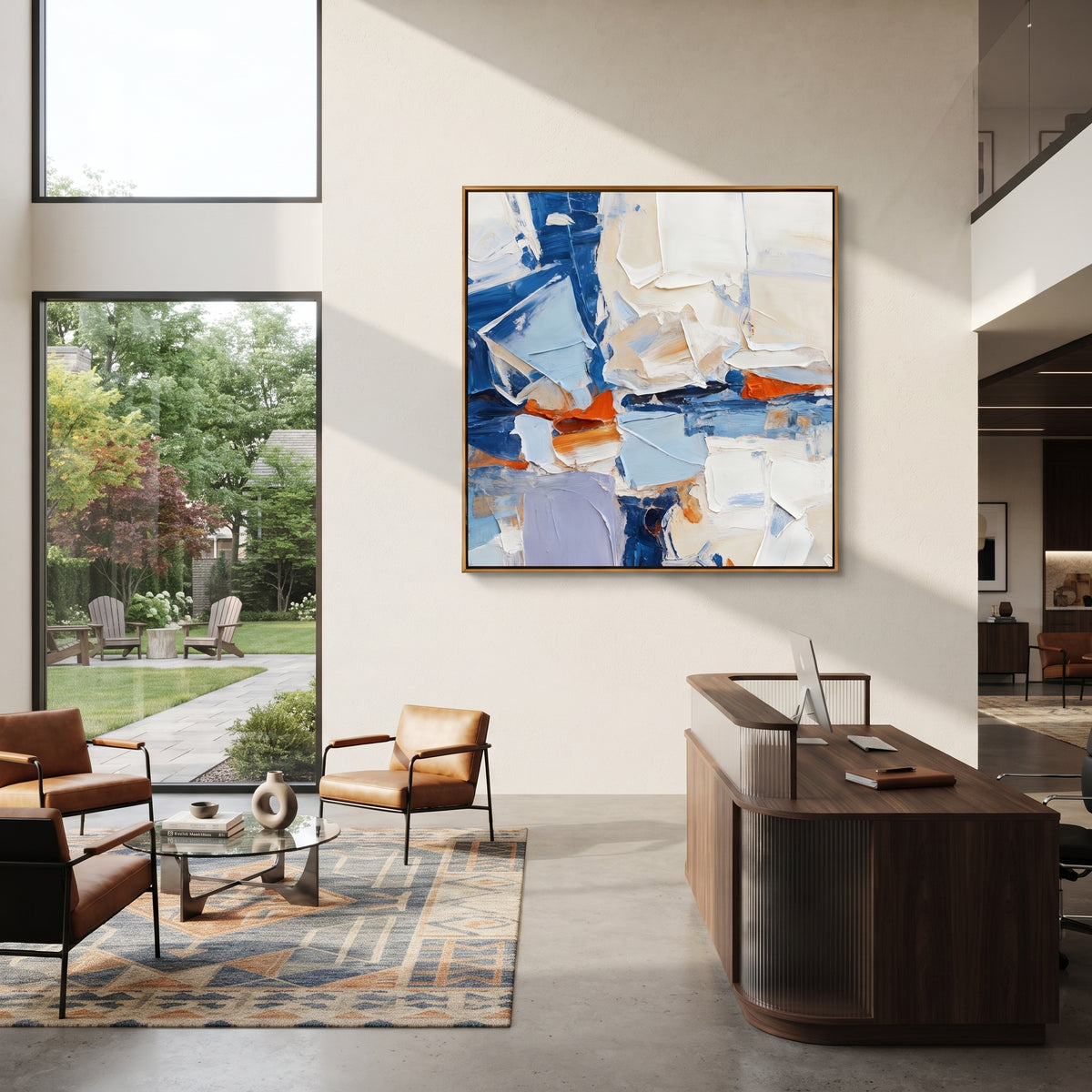 Blue Fragments Reassembled textured wall art shown in a contemporary room setting