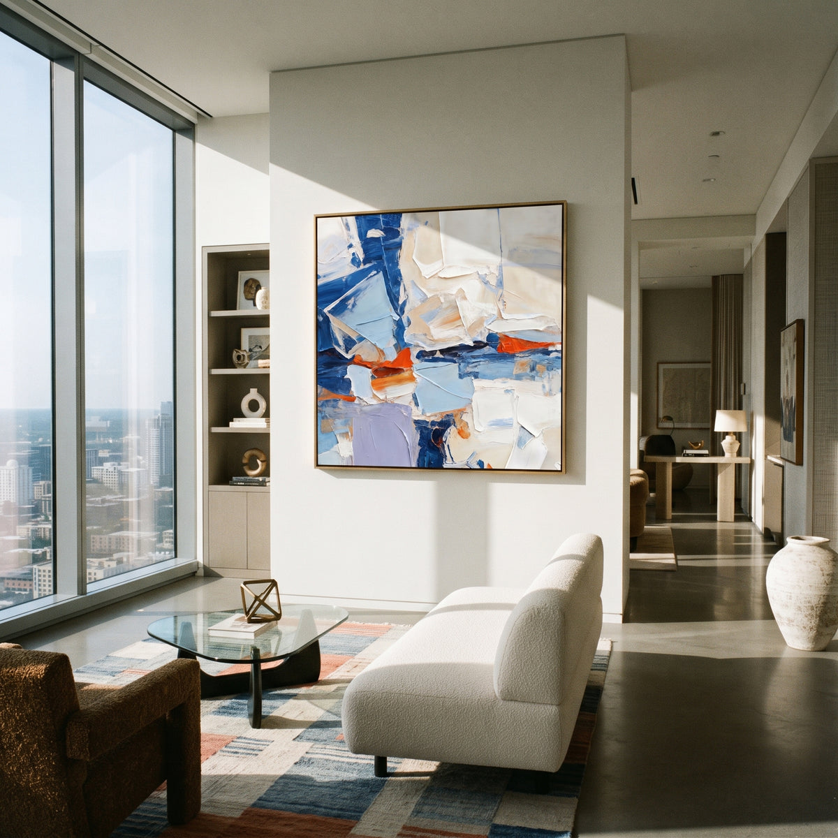 Blue Fragments Reassembled square painting displayed as a room focal point