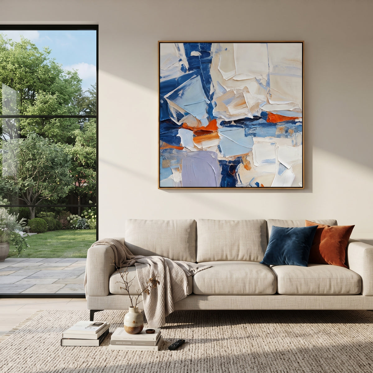 Blue Fragments Reassembled artwork shown with modern interior materials