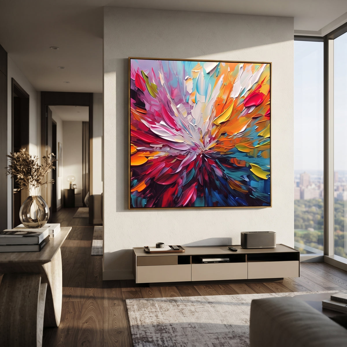 Color Bloom Unfolds square painting displayed as a room focal point